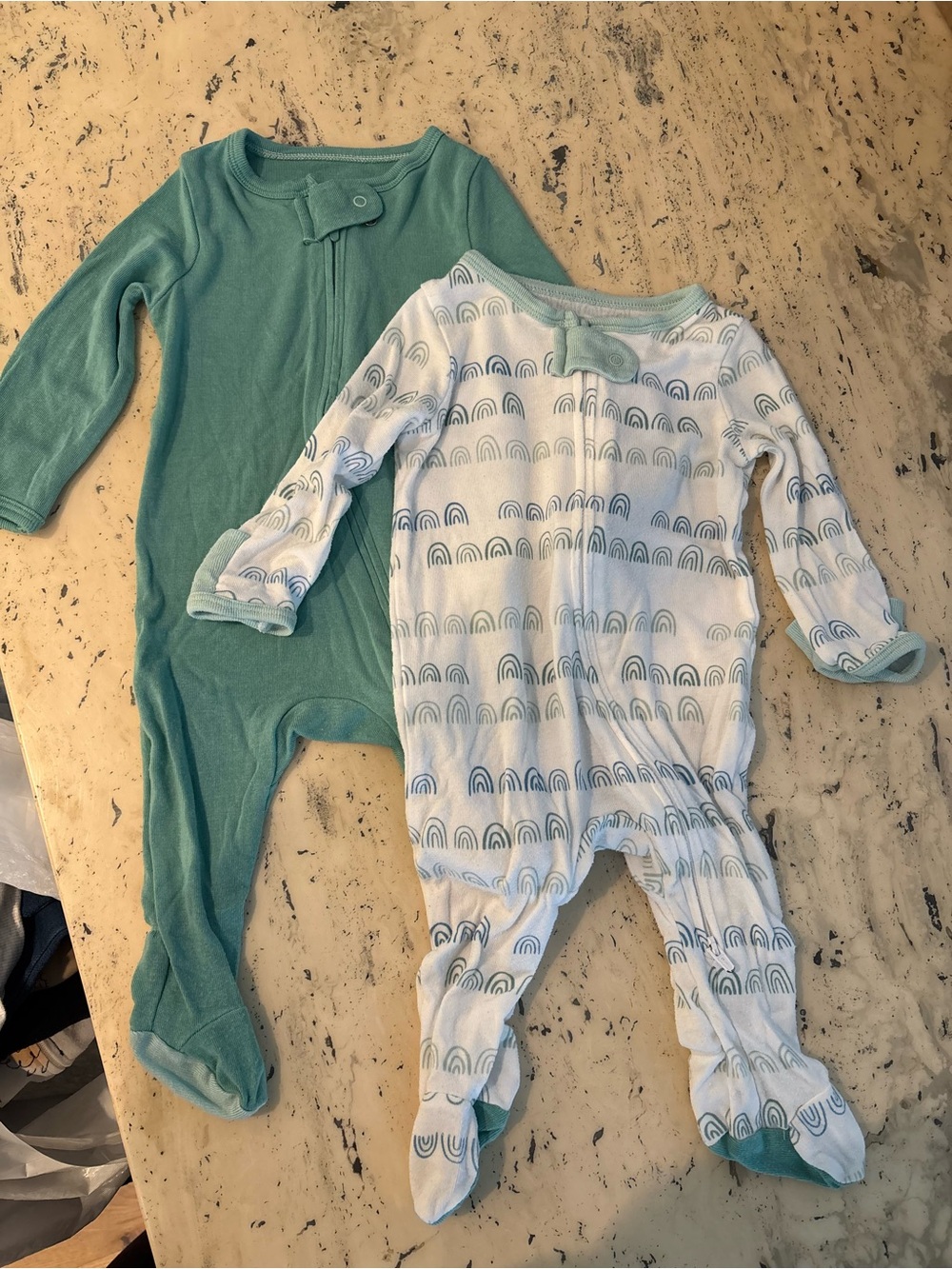 cloud island Mint and White Baby Footed Pajama Set with Rainbow Trim